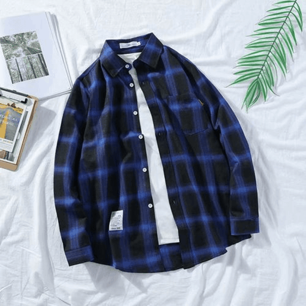 Men's Long Sleeve Plaid Shirt- Blue