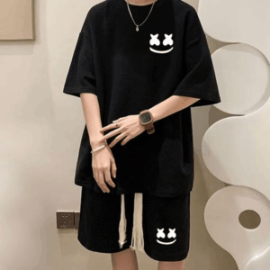 2-in-1 Men's Smiley Printed T-shirt And Shorts Set - Black