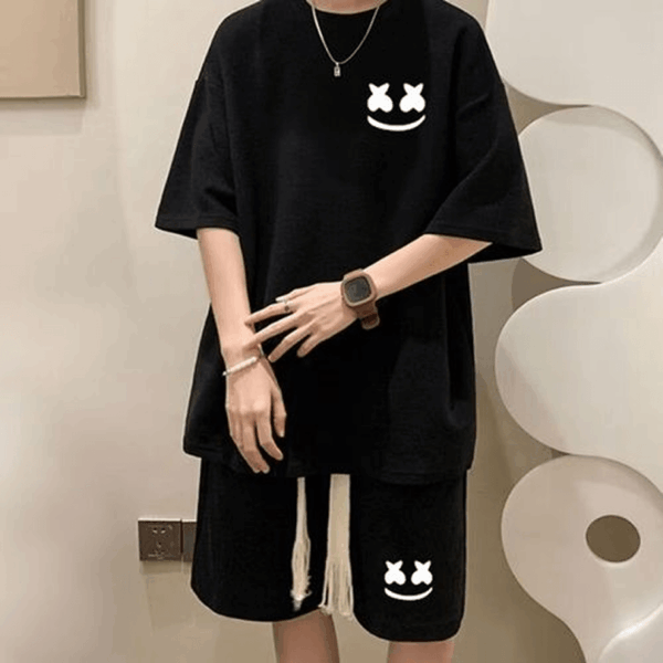 2-in-1 Men's Smiley Printed T-shirt And Shorts Set - Black